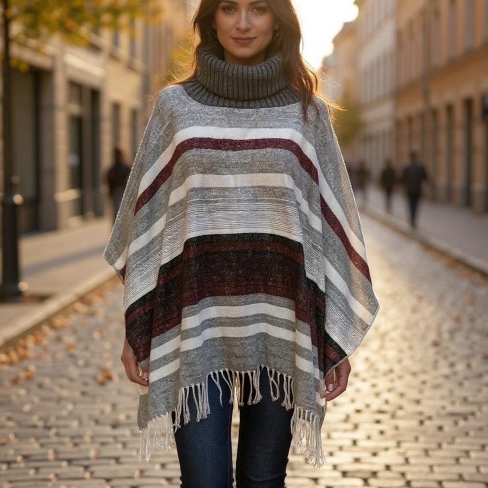 Vince Camuto striped turtleneck fringe poncho knit gray One Size OSFM gray red - Picture 14 of 14